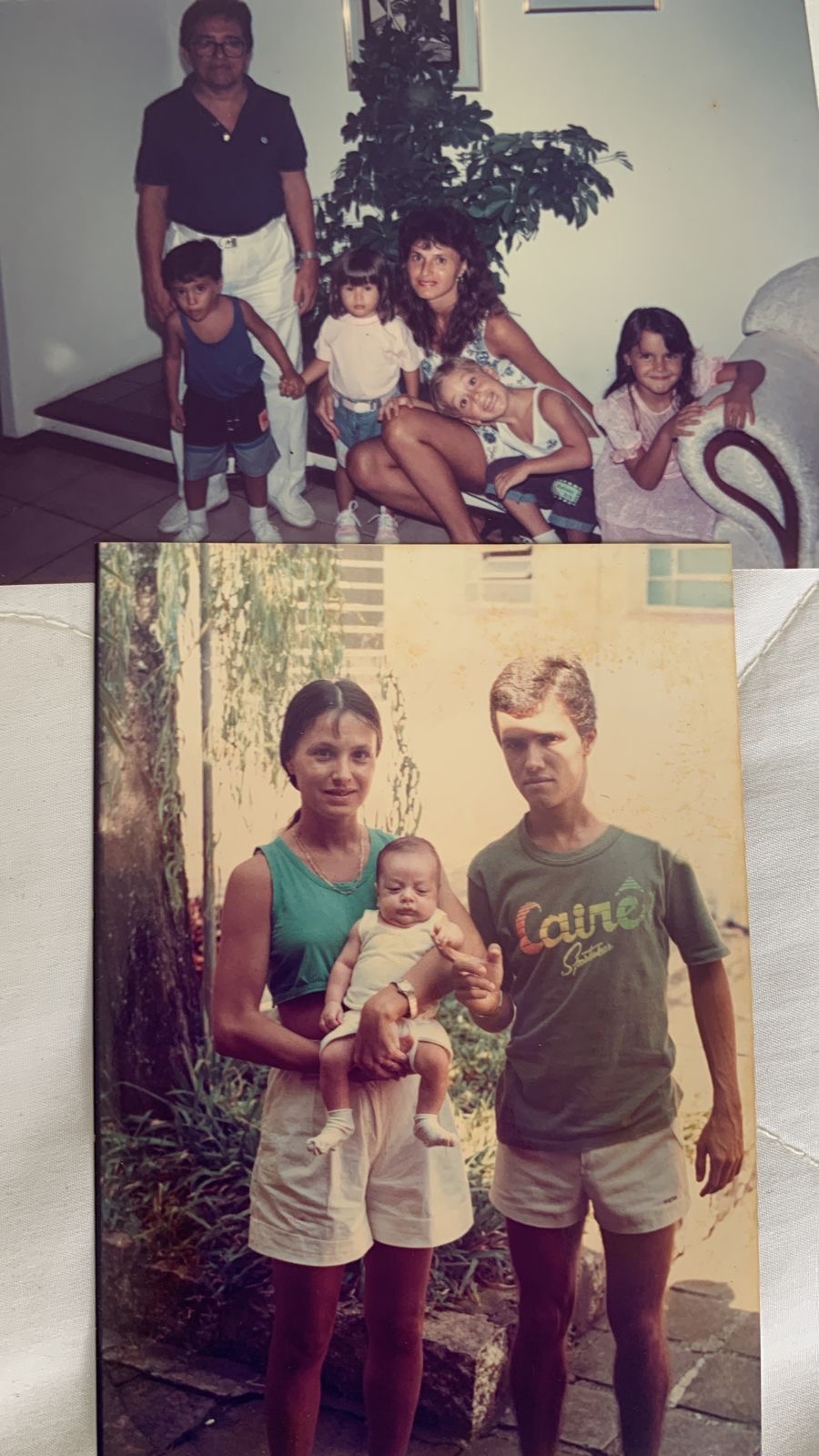 Nelson as a baby with his parents in Brazil, and an older family photograph above it